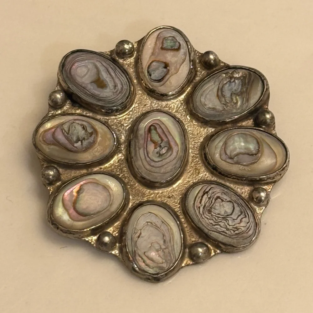 Sterling Silver .925 & Abalone Shell Brooch Taxco Mexico TE52 Vintage 70s 80s